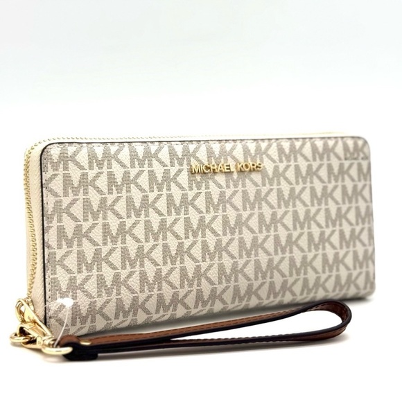 Michael Kors Large Continental Wallet Wristlet Vanilla/Brown - Picture 1 of 9